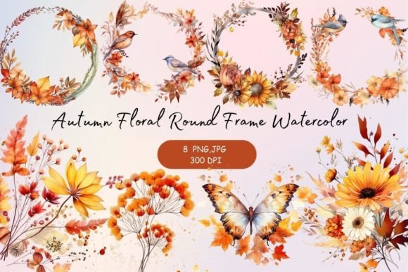 Autumn Floral Round Frame Watercolor Illustrations