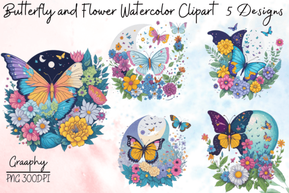 Butterfly and Flower Watercolor Clipart for Real Crafting & Handmade Business Use