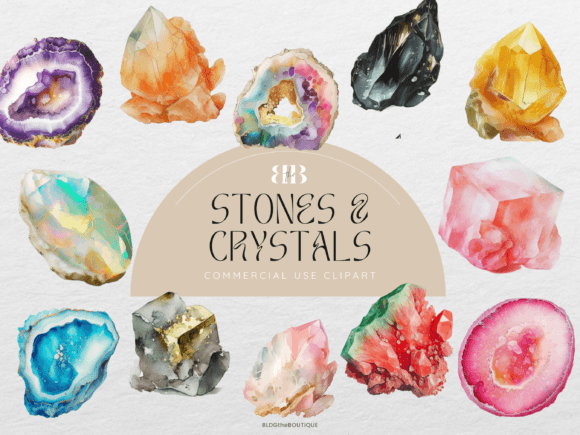 Elegant Crystal Stone Watercolor PNG Clipart for Local Brand Design