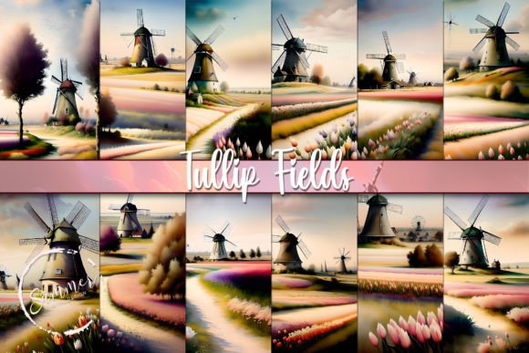 Holland Tulip Fields Watercolor Background for Illustrations & Digital Selling