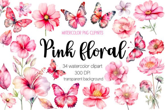 Pink Watercolor Flowers and Butterfly Illustrations for Branding and Marketing