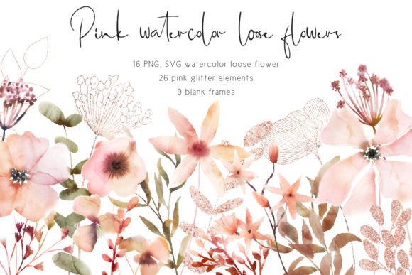 Pink Watercolor Loose Flowers Glitter Illustrations for Blog & Editorial Design