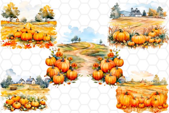 Pumpkin Field Watercolor Clipart PNG