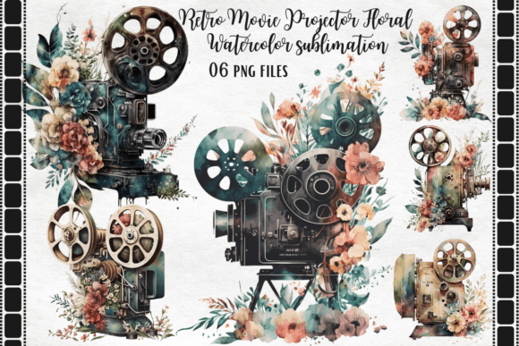 Retro Movie Projector Floral Watercolor: A Design Asset for Nostalgic Branding
