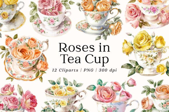 Roses Flowers Vintage Tea Cup Watercolor Illustrations for Soft, Elegant Branding