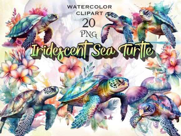 Sea Turtle Iridescent Watercolor Clipart & Illustrations