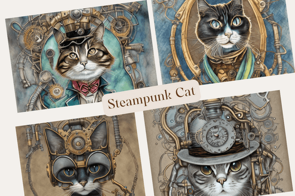 Steampunk Cat Illustration Watercolor for Crafters & Etsy Sellers