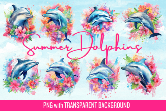Summer Dolphins Watercolor Bundle & Illustrations
