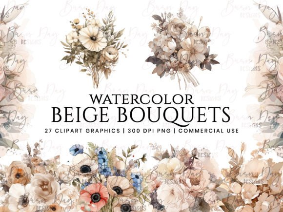 Watercolor Beige Bouquets Clipart Bundle & Illustrations