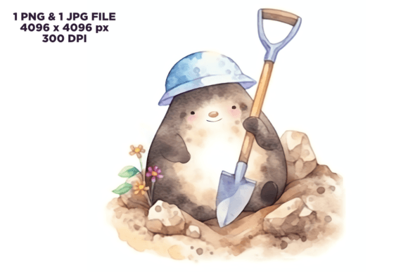 Watercolor Mole Helmet Shovel Clipart: A Whimsical Illustration for Playful Branding