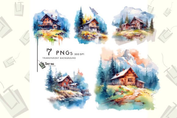 Watercolor Mountains Cabin Clipart & Illustrations
