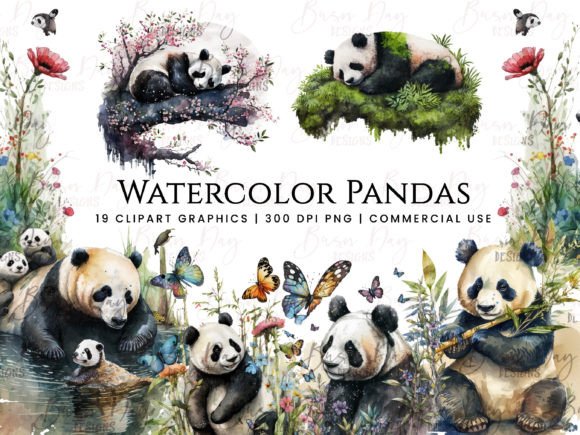 Watercolor Panda Clipart Bundle Design & Illustrations
