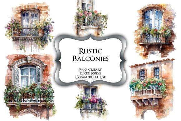 Watercolor Rustic Balconies PNG Clipart for Handmade Crafters and Etsy Sellers