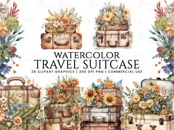 Watercolor Travel Suitcase Clipart & Illustrations