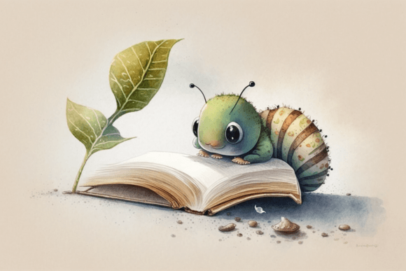 Watercolour Cute Caterpillar Studying Illustrations for Digital Sellers